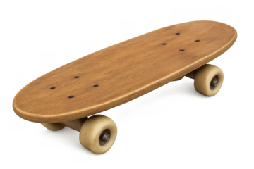 Vintage wooden skateboard with cream wheels on a transparent background, representing retro sports, youth culture, and outdoor activity