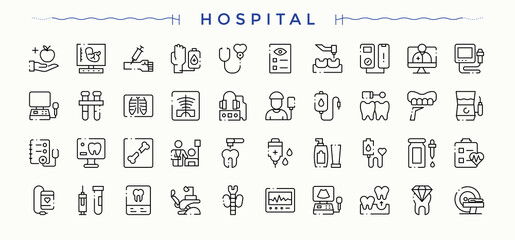 Hospital icon set. Medical Center icon set. Sign and Symbol. Pack of doctor, healthcare, clinic, pharmacy, health, care and more. Pictogram and infographic.