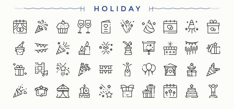 Holiday linear icon set. Thin icons set. Vacation modern icon set. It contains symbols to vacation, celebration, calendar, relaxation, summer and more.