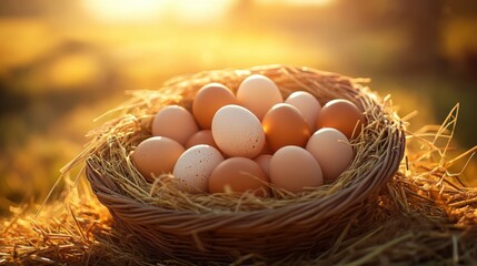 Fresh eggs nestled in a strawfilled nest during golden hour