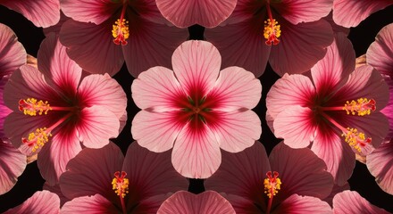 Obraz premium Symmetrical Hibiscus Bloom: Radiant Pink Petals Against Black Background