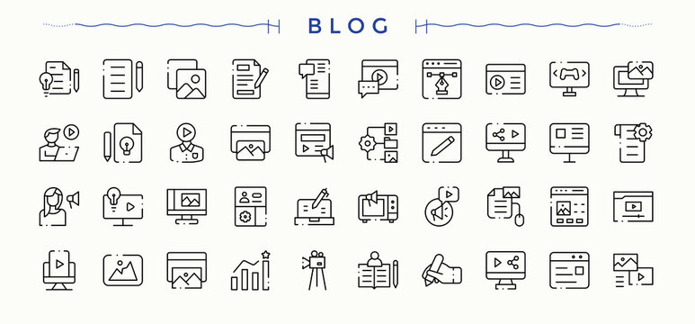 Blog icon set. Web icons pack. It contains symbols to influencer, content, content creator, creator, stream, content creation. Signs for web and mobile app. Influencer icon collection.