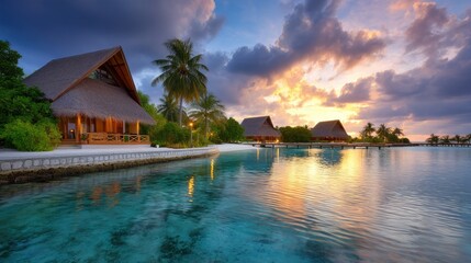 Obraz premium Serene Sunset Over Tropical Resort with Scenic Water and Lush Greenery in the Background
