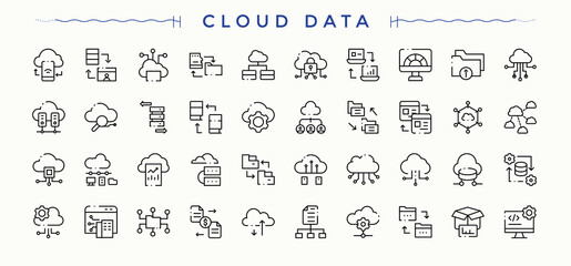 Cloud Data line icon set. Contains such symbols as technology, data server, information, server, database, data and more. Minimalist icons collection. Art and illustration. Information icon set.