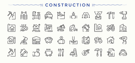 Construction Tools icon set. Thin outline icons pack. Pictograms of tool, paint, equipment, build. Editable stroke. Vector illustration. Tool linear icon set.