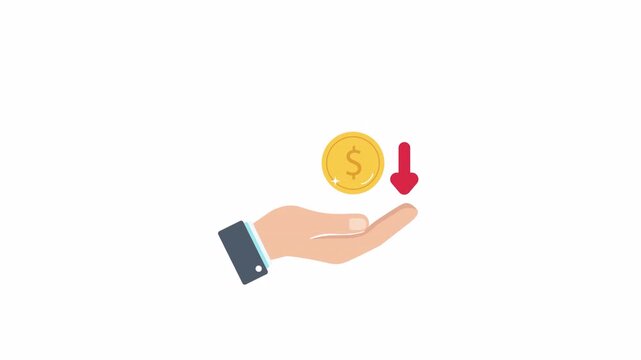 Hand holding gold coin with downward red arrow indicating financial loss.