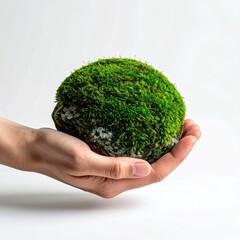 A hand holds a spherical piece of moss
