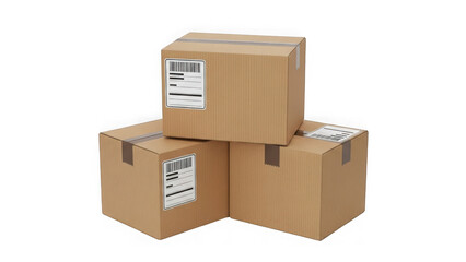 Fototapeta premium Stack of brown cardboard boxes with barcode labels isolated on transparent background