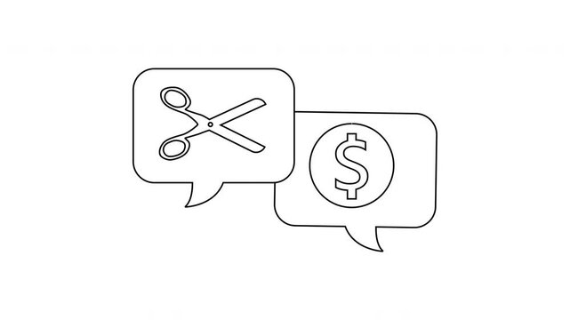 Two speech bubbles one with scissors one with a dollar sign
