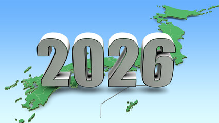日本地図の上に2026年の数字を配置したCGイラスト素材