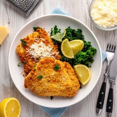 Two breaded, pan-fried fish fillets, garnished with grated cheese, served with kale and lemon wedges on a white plate