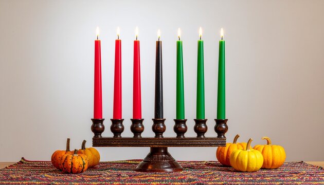 Kwanzaa Kinara with Lit Candles and Decorative Pumpkins.
