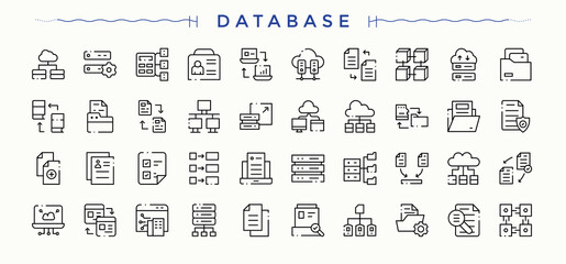 Database icon set. Minimalist icons pack. Vector collections. Center icon collection. It contains symbols to hosting, data, data center, cloud data, host, analytics and more.