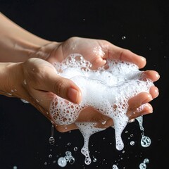 Hands cupped, holding a generous amount of sudsy, white lather.  Water droplets are flowing
