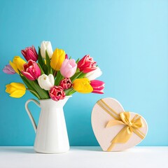 Colorful tulips in a white pitcher beside a heart-shaped gift box on a light surface against a light blue background