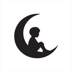  Silhouette Child sitting on moon dreamy night vector illustration