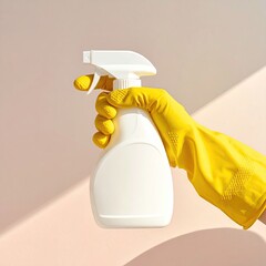 Hand in yellow glove holds white spray bottle (1)
