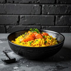 Dish of vibrant yellow rice topped with salmon and herbs