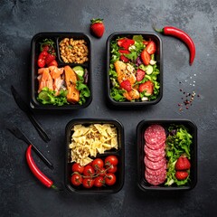 Four black plastic lunchboxes, each filled with a different healthy meal.  Fresh ingredients, including salad, protein, and fruit, are visible in each container.  Dark grey stone background