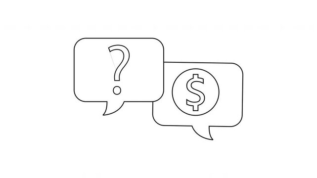 Two speech bubbles one with a question mark the other a dollar sign
