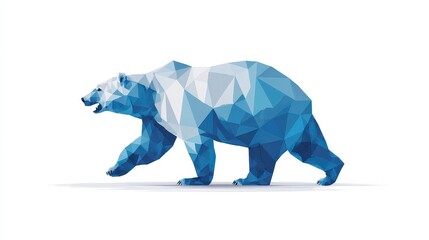 A geometrically rendered polar bear strides across a white plane, its form constructed from blue and white triangular facets