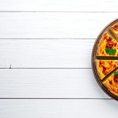 Overhead view of a rustic quiche, sliced, on a dark plate, atop a white wooden surface