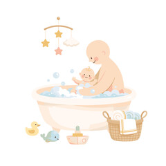 Mother washing baby in bathtub. Parent and child bath time concept with toys and bubbles. Flat vector illustration isolated on transparent background