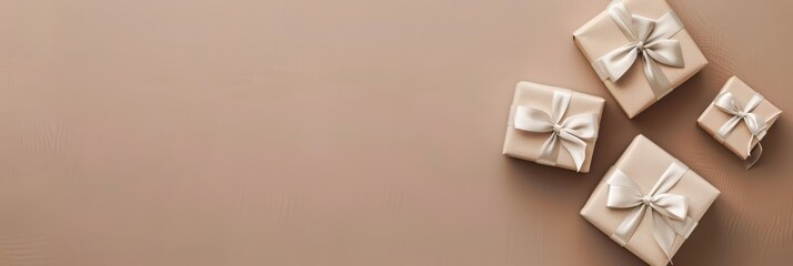 Festive gift boxes for new year sale present holiday decorations. Horizontal banner. Copy space. Flat lay. Boxing day. Holiday shopping concept. Top view