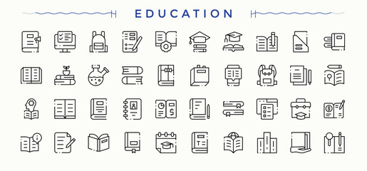 Education icon set. Contains such symbols as graduation, lesson, college, student, e-learning and more. School icon set. Minimalist linear icons. Editable stroke. © Rubbble