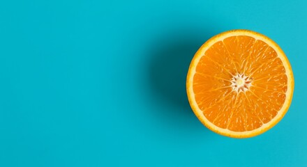 Vibrant orange slice isolated against a bright blue background with copy space