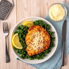 Crispy breaded cutlet, garnished with cheese, served over greens, with lemon slices