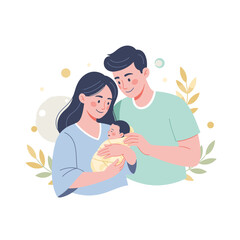 Obraz premium A flat vector illustration of parents holding their newborn baby. Happy young family and parenthood concept. Graphic element for greeting cards and invitations