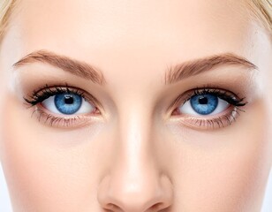 Obraz premium Close-up of a fair-skinned woman's face, highlighting her bright blue eyes