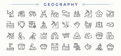 Geography modern icon set. Geography icon collection. Minimalist icons pack. Pack of mining, earth, geology and more. Editable vector. Pixel perfect.