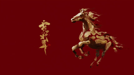 Majestic Horse in Motion with Red Background and Traditional Chinese Characters Symbolizing Strength and Power in Eastern Culture Artistry