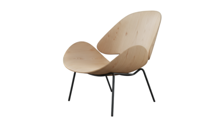 Modern wooden chair with sleek black legs isolated on transparent background, showcasing ergonomic design and minimalist style.
