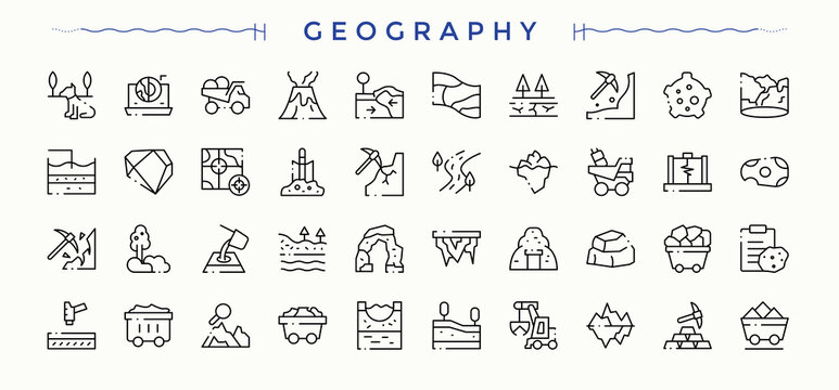 Geography modern icon set. Geography icon collection. Minimalist icons pack. Pack of mining, earth, geology and more. Editable vector. Pixel perfect.