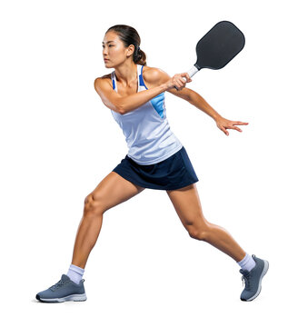 Side view of a female pickleball player swinging racket in full athletic movement