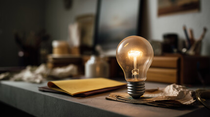 Cozy workspace with glowing light bulb on cluttered table surrounded by papers, jars, and art supplies in warm evening light atmosphere