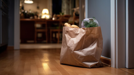 Brown paper grocery bag resting against a wall in a cozy home interior with a warm dining area illuminated by soft lights in the background