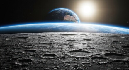 Earth and moon from space, sunrise. Vast expanse of lunar surface dotted with craters. Earth and sun visible above moon