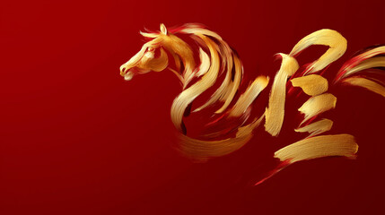 Artistic Representation of a Horse in Bold Brush Strokes Against a Vibrant Red Background Evoking Strength and Elegance in Motion