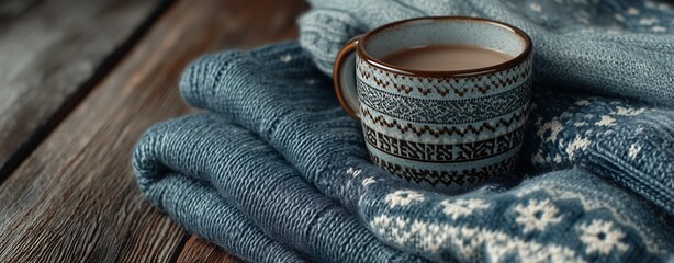 Obraz premium Vintage-inspired winter scene with knitted fashion details, classic ceramic hot drink, muted nostalgic colors, soft film grain, refined copy space for retro seasonal identity