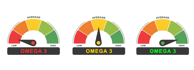 Omega 3 Level Meters: Low, Average, and High Health Indicators Illustration
