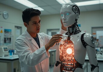 Scientist examines a futuristic humanoid robot in a laboratory environment
