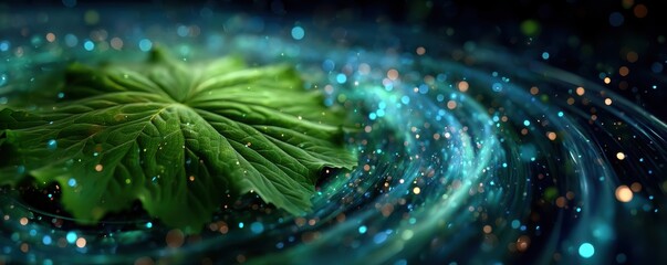 Abstract green leaf at the center of futuristic circles and glowing orbs