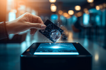 Global Digital Payment Concept, Contactless global payment, A hand holds a credit card over a digital terminal with a glowing holographic globe, representing secure future banking and fintech.