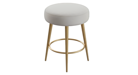 A modern white stool with gold legs, isolated on transparent background, viewed from the front
