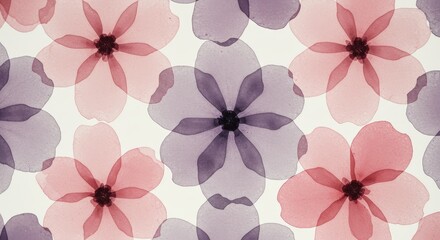 Fototapeta premium Translucent Watercolor Floral Pattern in Pink and Purple Hues, Delicate Overlapping Blooms