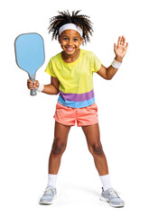 Cheerful child smiling and holding pickleball racket on isolated background